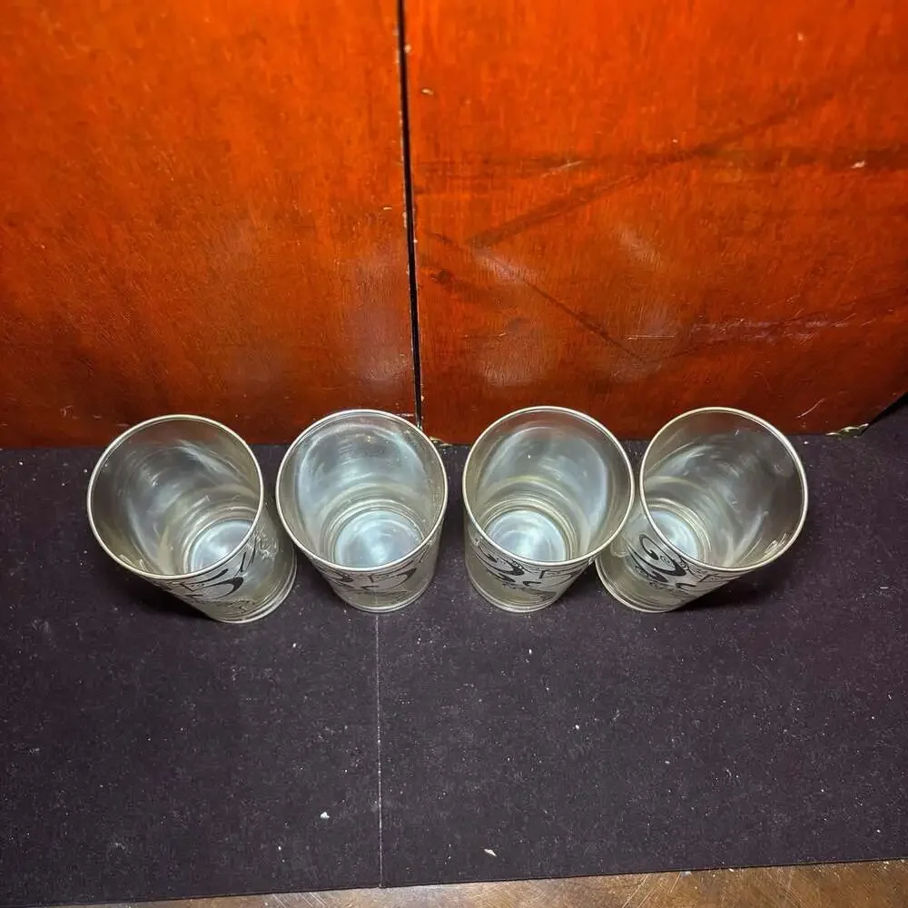 Set of 4 Vintage Mid-Century 25th Anniversary Silver Rim Highball Tumblers